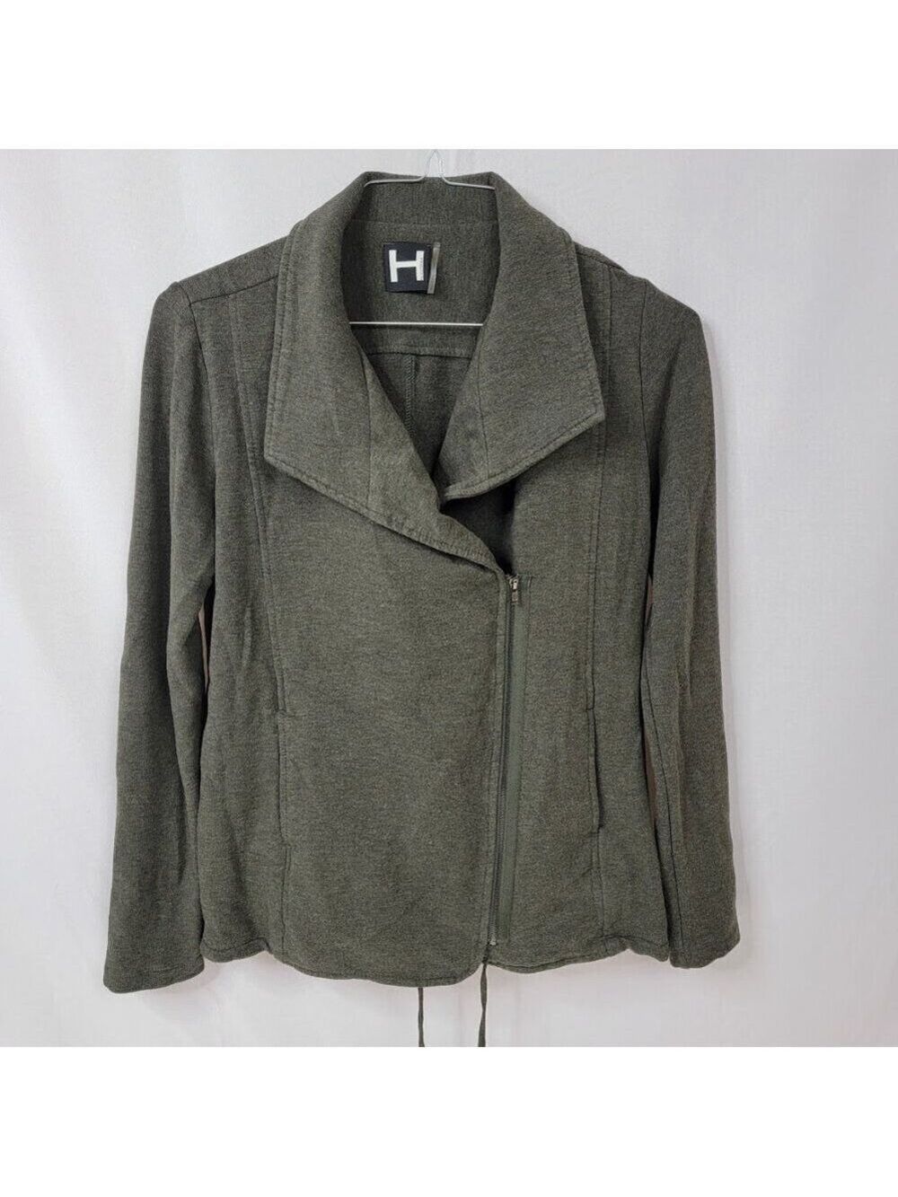 🌿 H by Bordeaux Moto Zip Jacket Olive Green Knit Asymmetrical Size Small